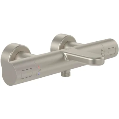 Afbeelding van Villeroy &amp; Boch Universele Taps Fittings Bad Thermostaat, Badkuipkraan met anti verbranding en veiligheidsvergrendeling bij 38 , mengkraan voor badkuip, opbouw, rond, geborsteld nikkel mat