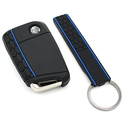 Afbeelding van Finest Folia Sleutelhoes + Keytag VB voor 3 toetsen autosleutel siliconen cover (zwart blauw)