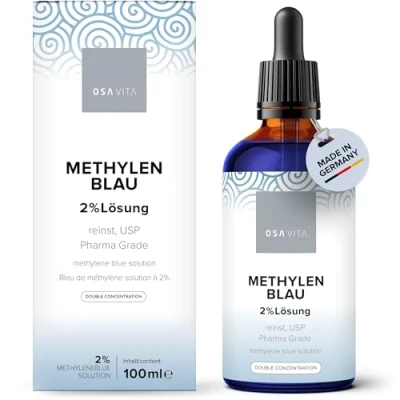 Afbeelding van OSAVITA® methyleenblauwoplossing 2% met pipet, pure USP, dubbele concentratie als oplossing 100 ml, laboratoriumgeteste kwaliteit uit Duitsland
