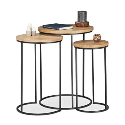 Afbeelding van Relaxdays bijzettafel, set van 3, drie verschillende groottes, onder elkaar plaatsbaar, metaal &amp; mangohout, natuur