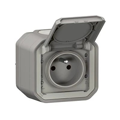 Afbeelding van LEGRAND IP55 waterdicht stopcontact met plexo aarde 2P+T 16A compleet klep voor installatie in het opzicht gemaakt Frankrijk grijs