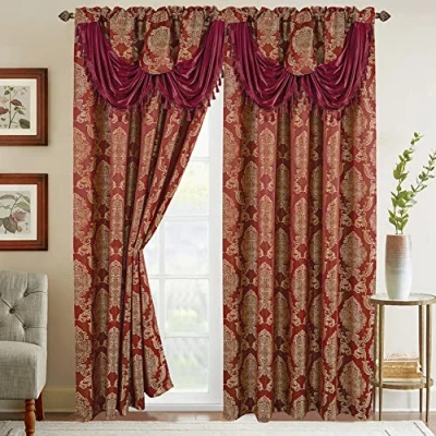Afbeelding van Elegant Comfort Jacquard look gordijnpaneelset met bijgevoegde watervalvolant, (set van 2), 137 x 213 cm, bordeaux/goud