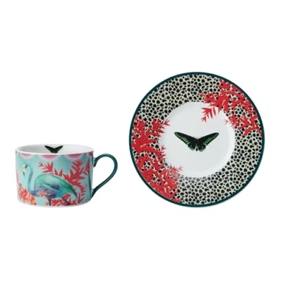 Afbeelding van Mikasa x Sarah Arnett Kop en Schotel, Porseleinen Theekop &amp; Schotel Set, Unieke Mok om cadeau te geven, Vlinder Print, 250ml Vaatwasmachinebestendig