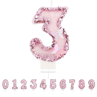 Afbeelding van verjaardagskaarsen, cijfers, 3,3D, vlinder, roze kaarsen, verjaardag, cijfer 3, taarttopper, decoratie, taartdecoratie, verjaardagskaarsen voor verjaardagsdecoratie