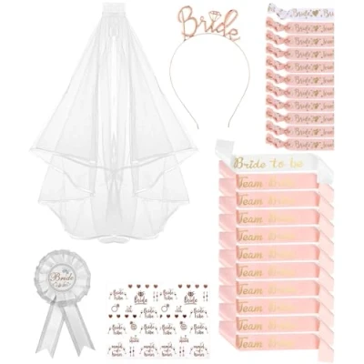 Afbeelding van 27PCS Bride to Be en Team Bruid sjerp decoratie, vrouwen vrijgezellenfeest set met sluier, tiara, sjerp, polsband, badge tattoos, Jga accessoires