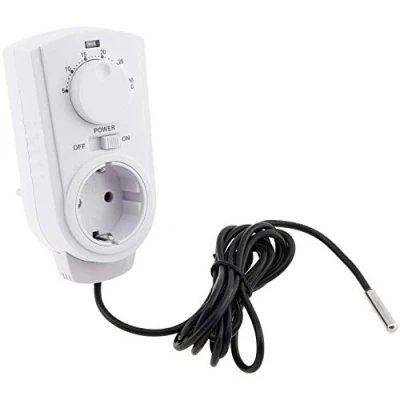 Afbeelding van ChiliTec Analoge stekkerthermostaat 230 V met externe sensor, draaiknop, max. 3500 W, voor verwarming en koelapparaten in terrarium, vogelteelt planten
