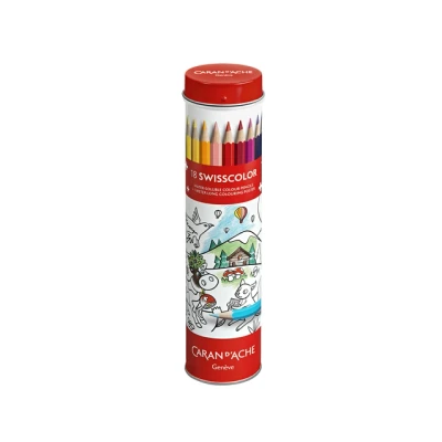 Afbeelding van Caran d&#039;Ache Metalen doos met 18 wateroplosbare kleurpotloden Swisscolor + poster over het thema &quot;Dieren van Zwitserland&quot;