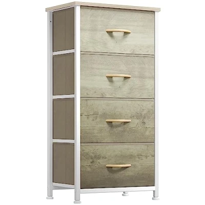 Afbeelding van YITAHOME Ladekast slaapkamer met 4 laden opbergunit stalen frame houten top stoffen dressoir voor woonkamer, kinderkamer, kast, lichte houtkleur