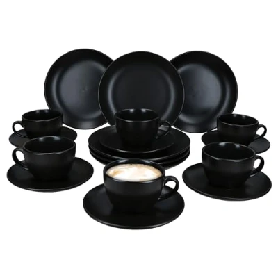 Afbeelding van MamboCat Panther 18 delig koffieservies, zwart, mat aardewerk, koffieset voor 6 personen, x koffiekopjes 160 ml, schoteltjes en taartborden, chique servies ontbijt koffie