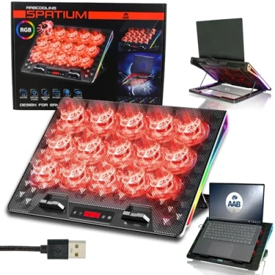 Afbeelding van AABCOOLING SPATIUM Laptop Koelpad met 15 Stille LED Ventilatoren, 9 17&quot; Notebook Koeler, RGB Gaming Verlicht, LCD Controller, 5 Staps Kantelverstelling Laptopstandaard Effectieve Koeling Cooling Pad