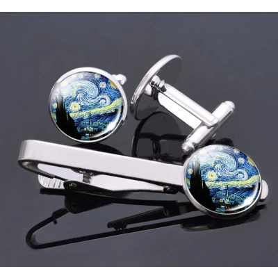 Afbeelding van Manchetknopen &amp; Stropdasclip Mannen Manchetknoop van Gogh Zilver Blauw Sterrenhemel Stars Cufflinks Valentijnsdag cadeau Kerst