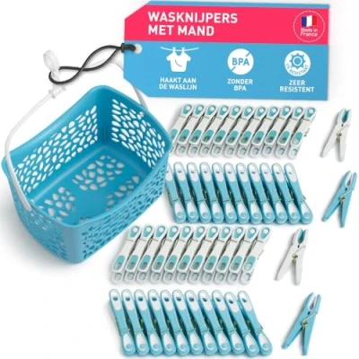 Afbeelding van Knijpers Ecoline met mand (48 stuks mand, blauw wit blauw, handvat wit) by culiclean Premium wasknijpers