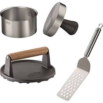 Afbeelding van RÖSLE Barbecueset voor hamburgers, 3 delig, hoogwaardige hamburgerset met hamburgerpers Pro, barbecuegewicht en hamburgerspatel, 18/10 roestvrij staal, geëmailleerd gietijzer