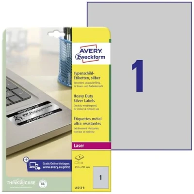 Afbeelding van Avery Zweckform L6013 8 Etiketten voor typeplaatjes 210 x 297 mm Polyester folie Zilver stuk(s) Permanent hechtend Laser (zwart/wit), Kopiëren