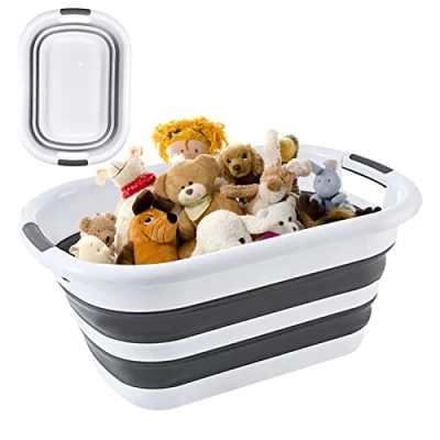 Afbeelding van Firschoie Opvouwbare wasmand 26 liter, draagbare opbergdoos, ruimtebesparend, uitklapbare liniaal 23 x 38 53 cm (h b d), geschikt voor thuis en op de camping (zwart/wit)