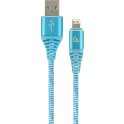 Afbeelding van Premium 8 pin laad &amp; datakabel &#039;katoen&#039; 2 meter turquoise/wit
