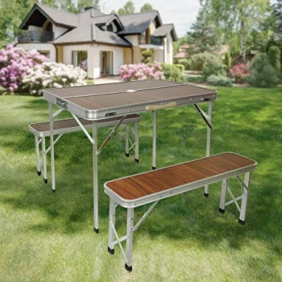 Afbeelding van OHMG Picknicktafels, klaptafel met 2 banken laag gewicht dankzij aluminium frame, houtlook bruine handgrepen, 90 x 60 70 cm