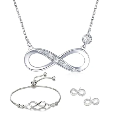 Afbeelding van Sieradensets voor dames, 925 sterling zilver, zirkonia, halsketting, armketting, oorstekers met hanger, oneindigheidssymbool, verstelbare armband, halskettingen, sieradenset verjaardag, roségoud,