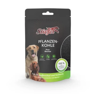 Afbeelding van Stiefel plantenkolen voor honden, 100% pure een gezonde spijsvertering, positief effect op de stofwisseling, bij maag darmproblemen, diarree, buikkrampen en winderigheid, 50 g