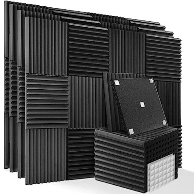Afbeelding van Geluidsabsorberend akoestisch schuim met dubbelzijdige sticker, 60 stuks zwart voor podcasts, opnamestudio&#039;s, kantoren, thuisonderwijs, akoestische schuimmat (30 x 30 2,5 cm).