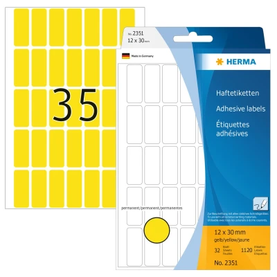 Afbeelding van HERMA 2351 multifunctionele etiketten mini (12 x 30 mm, 32 velles, papier, mat) zelfklevend, permanent klevende huishoudelabels voor handschrift, 1,120 stickers, geel