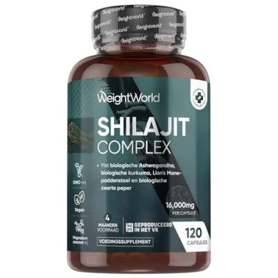 Afbeelding van Shilajit Complex 16.000 mg extract (40:1) Met Lion&#039;s Mane, Biologische Ashwagandha, Kurkuma en Zwarte Peper 120 vegan capsules voor 4 maanden Natuurlijke ingrediënten WeightWorld