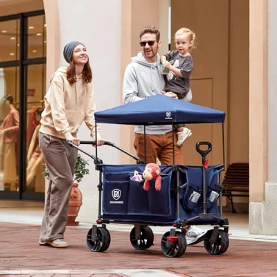 Afbeelding van EVER ADVANCED XXL bolderkar, opvouwbaar, 225 l tot 150 kg, met rem, dak, handwagen, schuiven en trekken, inklapbaar, strandwagen, 20 x 8 cm brede wielen, vouwwagen voor camping, strand, winkelen