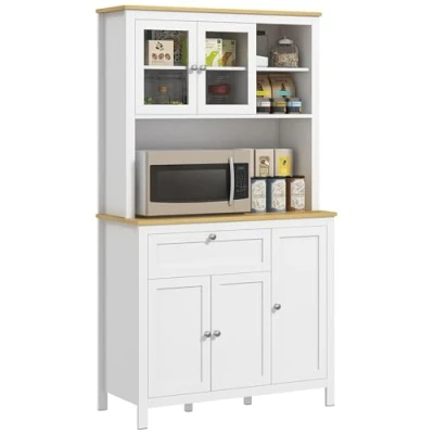 Afbeelding van HOMCOM Keukendressoir, vitrinekast, 5 deuren, waarvan 2 glazen deuren en 1 lade, middennis met kabeldoorvoer, hoogte 180 cm, wit