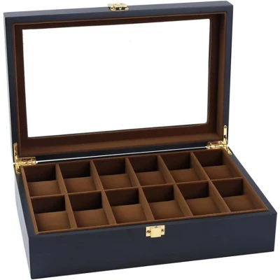 Afbeelding van Horloge Opbergdoos Sleuven Massief Houten Display Houder Case Sieraden Armband Collectie Organizer met Glas Deksel Zwart