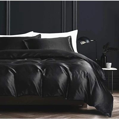 Afbeelding van Damier Beddengoed, 135 x 200 cm, zwart satijn, effen dekbedovertrek, hoogwaardig luxe satijnen dekbedovertrek met ritssluiting en kussensloop 80 cm