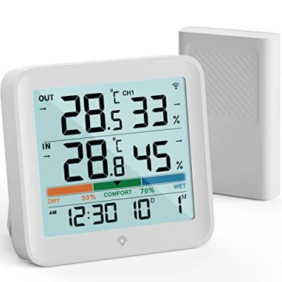Afbeelding van VOCOO Binnen en buitenthermometer, hygrometer, luchtvochtigheidsmonitor, digitale temperatuurmeter, weerstations met lcd achtergrondverlichting (Wit)