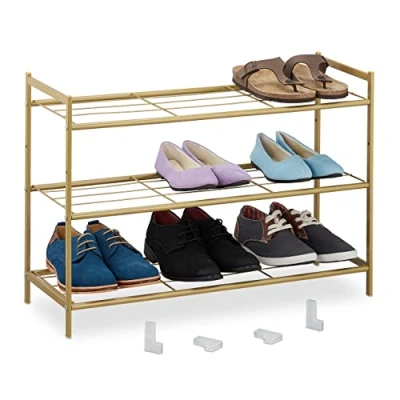 Afbeelding van Relaxdays schoenenrek, metaal, 3 etages, stapelbaar, uitbreidbaar, HBD: 50 x 70 26 cm, voor 9 paar, goud