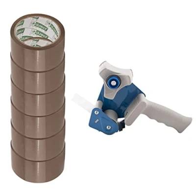 Afbeelding van D.RECT Plakband Handafroller met 6 Bruine Rollen Verpakkingstape 50m x 48mm Hoogwaardige Robuuste voor tot 50 mm Breed Inclusief Verpakkingstape, Bruin