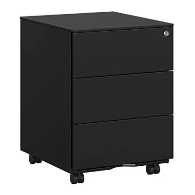 Afbeelding van SONGMICS mobiele archiefkast, afsluitbaar, met 3 laden, opslag van dossiers, kantoorbenodigdheden, voorgemonteerd, kantoor, thuiskantoor, 39 x 45 55 cm (L B H), mat zwart OFC63BK
