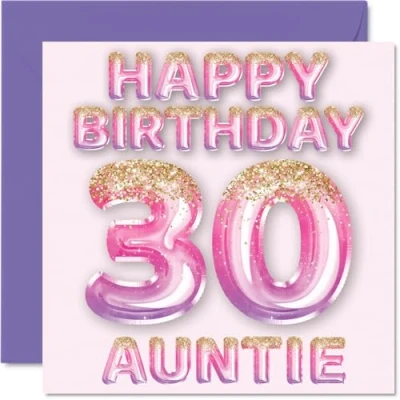Afbeelding van 30e verjaardagskaart voor tante roze en paarse glitterballonnen gelukkige verjaardagskaarten 30 jarige van neef nichtje, 145 mm x cadeau