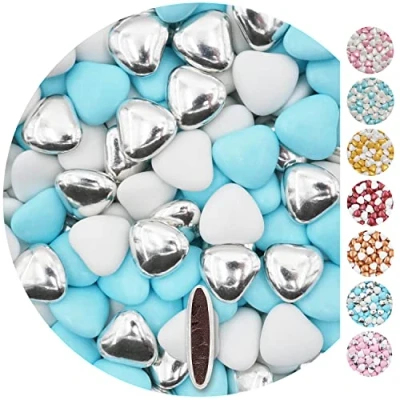 Afbeelding van EinsSein 1kg Bruidsuiker chocolade hartjes Dragées Mix medium wit lichblauw zilver glans mini dragee hart paars doopsuiker bruiloft kerstmis chocoladehartjes suiker gekleurd