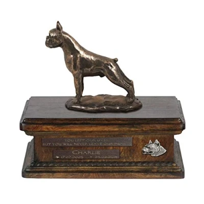 Afbeelding van Art Dog Custom Sitting Statue Memorial Urn Handgemaakt koud gegoten brons op berkenhouten voet 8,3x11,4x8,7 5l Bokser
