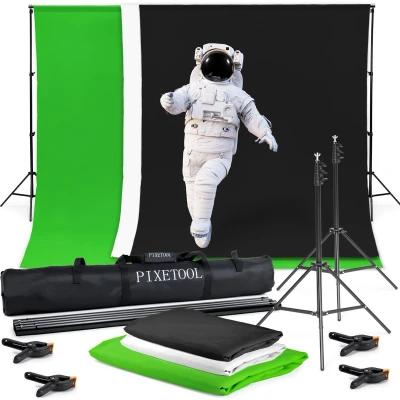 Afbeelding van Pixetool Green Screen Doek 3 x 3M met Achtergrondsysteem 2.6M Achtergronddoek Fotostudio Studio Greenscreens Doeken Groen, Zwart en Wit Inclusief 4 klemmen