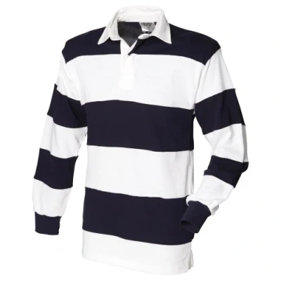 Afbeelding van Front Row Rugby Poloshirt, lange mouwen, gestreept, wit en marineblauw (witte kraag), L