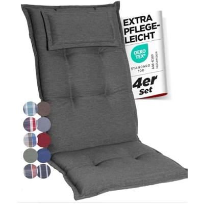 Afbeelding van gardisun Tuinstoelkussens, hoge rugleuning met hoofdeinde, extra dikke stoelkussens, made in Europe, ideale kussens voor rugleuning, hoog comfort, set van 4, antraciet