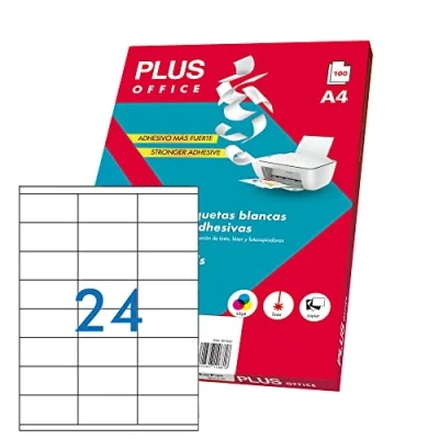 Afbeelding van Plus Office Zelfklevende witte etiketten om af te drukken, 100 vellen stickerpapier op A4 voor inkjetprinters, laser en fotokopieerapparaat, 24 per vel (70 x 35 mm)