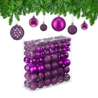 Afbeelding van Relaxdays kerstballen, set van 150, kerstboom ballen, mat, glanzend, glitters, ∅ 3, 4, 6 cm, kunststof, felroze