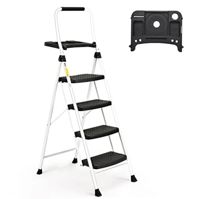 Afbeelding van 4 traps ladder, opvouwbare opstapkruk met breed antislip pedaal, stabiele praktische handgreep, lichtgewicht 228 kg draagbare stalen