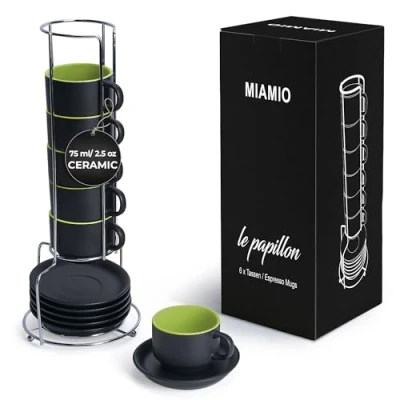 Afbeelding van MIAMIO 6 x 75 ml aardewerk espresso mok / mokken set zwarte buitenkant kleurrijke binnenkant Le Papillon Collectie