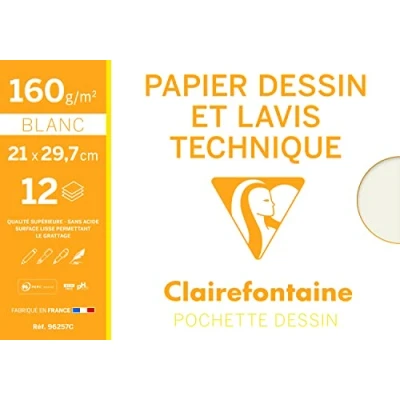 Afbeelding van Clairefontaine 96257C een tas voor tekeningen en lavis, wit, 12 vellen, 21 x 29,7 cm, 160 g