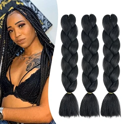 Afbeelding van Cybelleza Haarextensies, 60 cm, vlechten, synthetisch, 3 bundels, kanekalon, bokservlechten, afrovlechten, zwart
