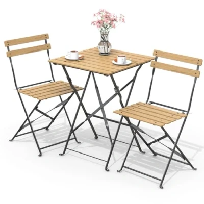 Afbeelding van vounot Bistroset voor buiten, 3 delig, met tafel en 2 klapstoelen van hout, balkon, terras tuin