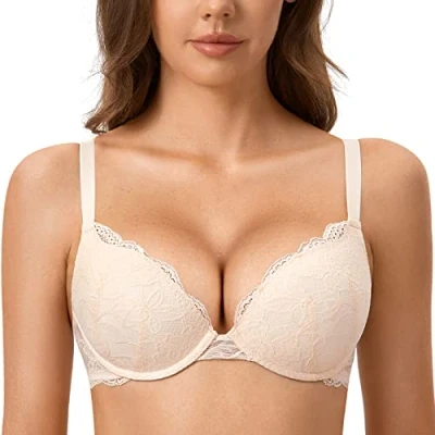 Afbeelding van DOBREVA Vrouwen Push Up BH Met Kant Gevoerde Plunge Beugel Volledige Cup Buste Voorgevormde Cups Roze Wit 75E