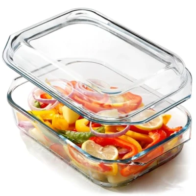 Afbeelding van Rechthoekige glazen ovenschaal met deksel, braadpan ovenbestendig, magnetronbestendig
