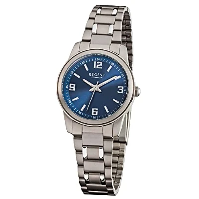 Afbeelding van REGENT Dameshorloge met titanium band behuizing en vouwsluiting klein licht Arabische cijfers kwarts 27 mm diameter, blauw, armband